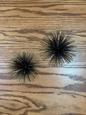 Atomic Metal Sea Urchin Sculptures Gold Black Starburst Mid Century Modern Lot 2